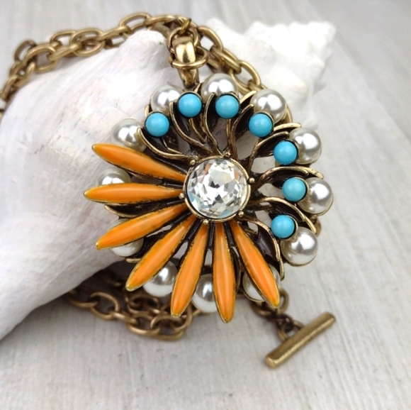 Cookie Lee Faux Pearl Turquoise & Coral Flower Pendant Choker Necklace - Picture 7 of 15